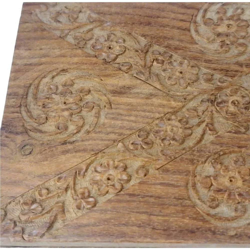 Hand Carved Wooden Box Flowers Trinket Jewelry‎ Blue Velvet Fabric Lined 8